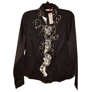 Melarosa‎ Italy Womens Hand Painted Black Button Down Shirt Large Westwood NWT